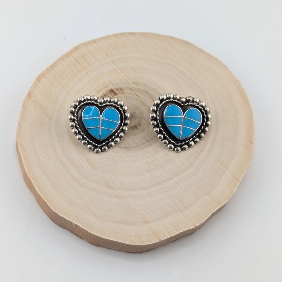 Zuni Kingman Turquoise Heart Inlay Stud Earrings‎ Handcrafted Native American ** - Picture 1 of 11